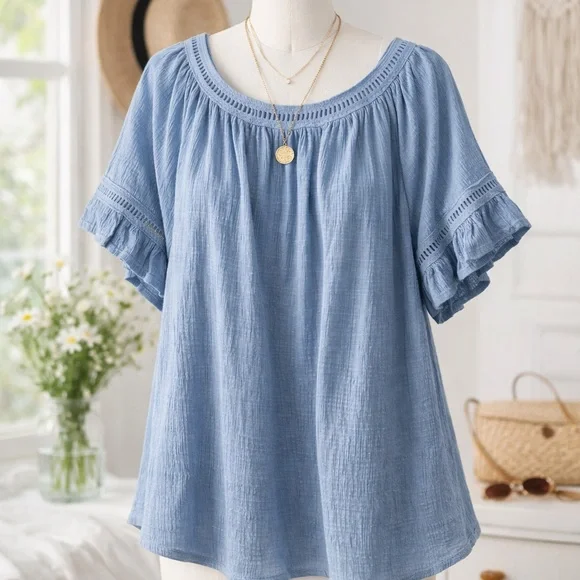 Max Studio Blue Boho Peasant Blouse Crochet Trim Flowy Top Fits 1X Plus Size - Picture 6 of 6